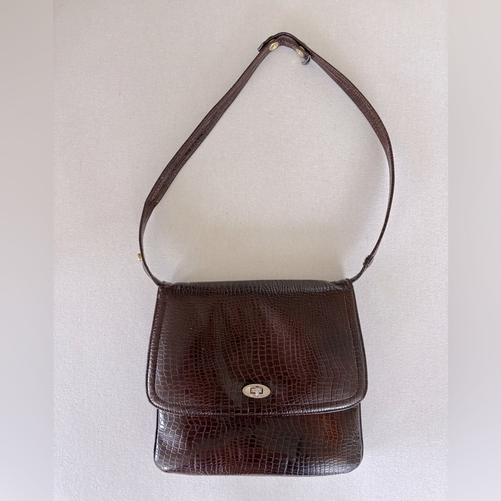 La Belle Montreal vintage leather bag croc snakeskin embossed brown shoulder bag